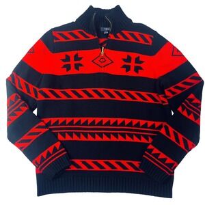 Chaps‎ Aztec Sweater Womens L Red Black Geometric Fair Aisle Snowflake 1/4 Zip